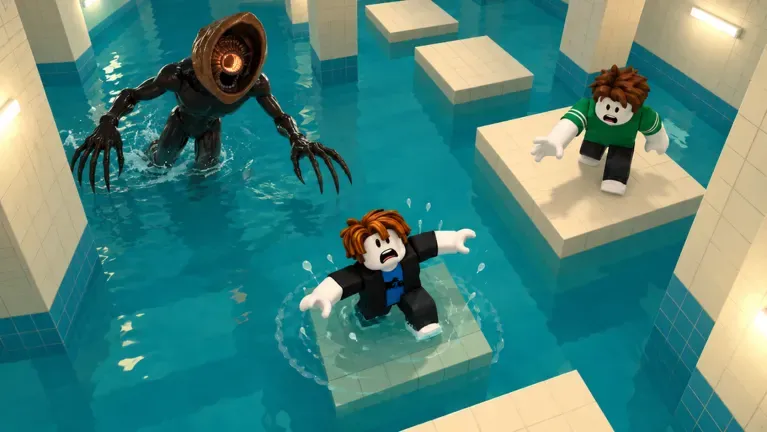 Official DONT SPLASH art: players on pool platforms while the blind monster approaches through the water