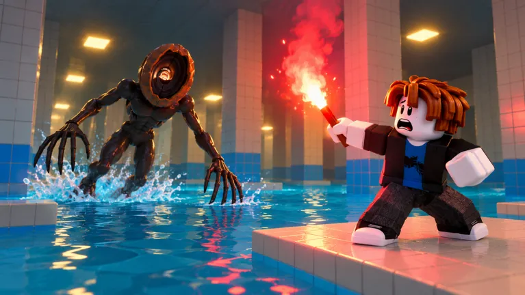Official DONT SPLASH thumbnail: a player with a flare faces the monster in a tiled pool